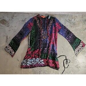 Hale Bob Blouse Womens Small light weight Beaded tie neck long sleeve Whimsical